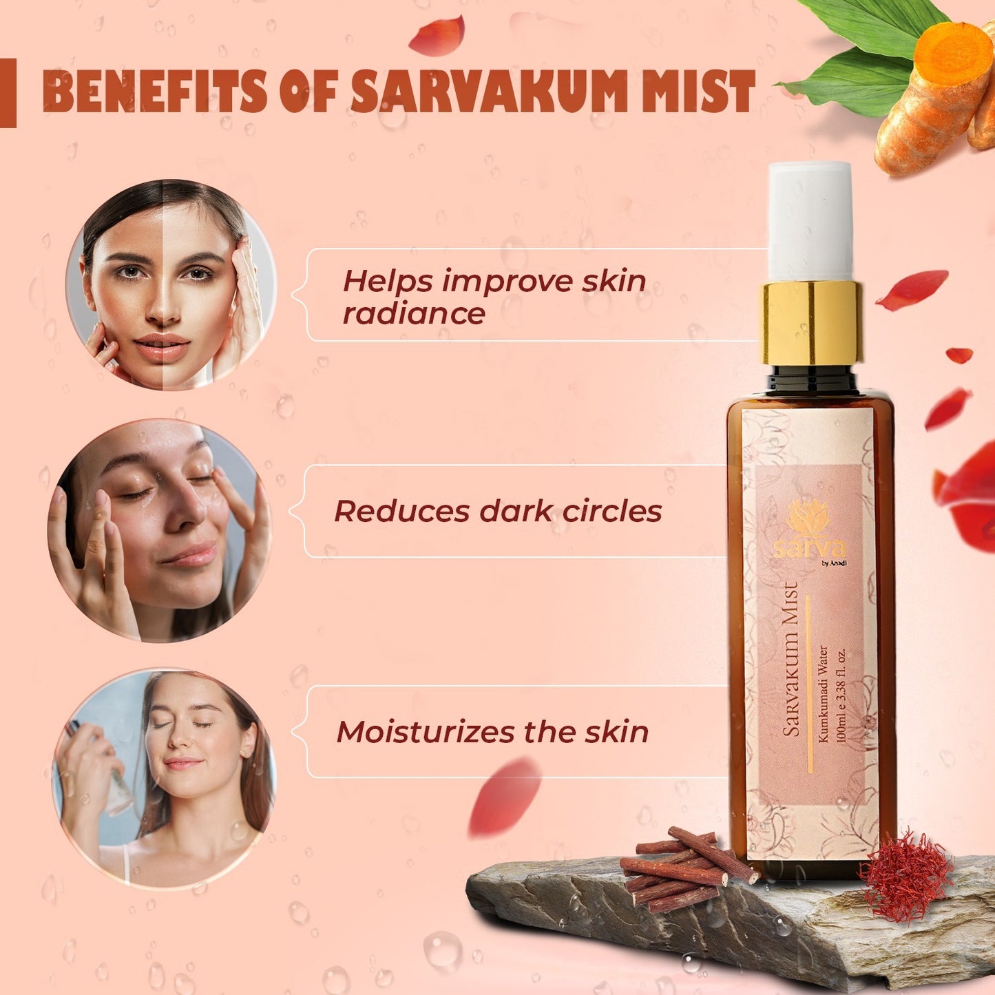 Ayurvedic Kumkumadi Hydrosol Face mist Radiance Complexion Refreshing Rejuvenating Brightening Natural ingredients Saffron Turmeric Rose water Skin toning Glow-enhancing