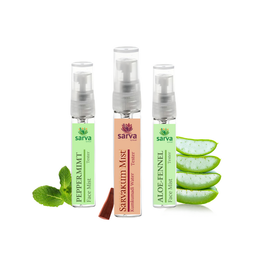 Trio Trial Pack 10ml x 3 | Aloe-Fennel Mist | Sarvakum Mist | Peppermint Mist | Natural Face & Body Mists | Hydrating, Cooling & Balancing | For All Skin Types